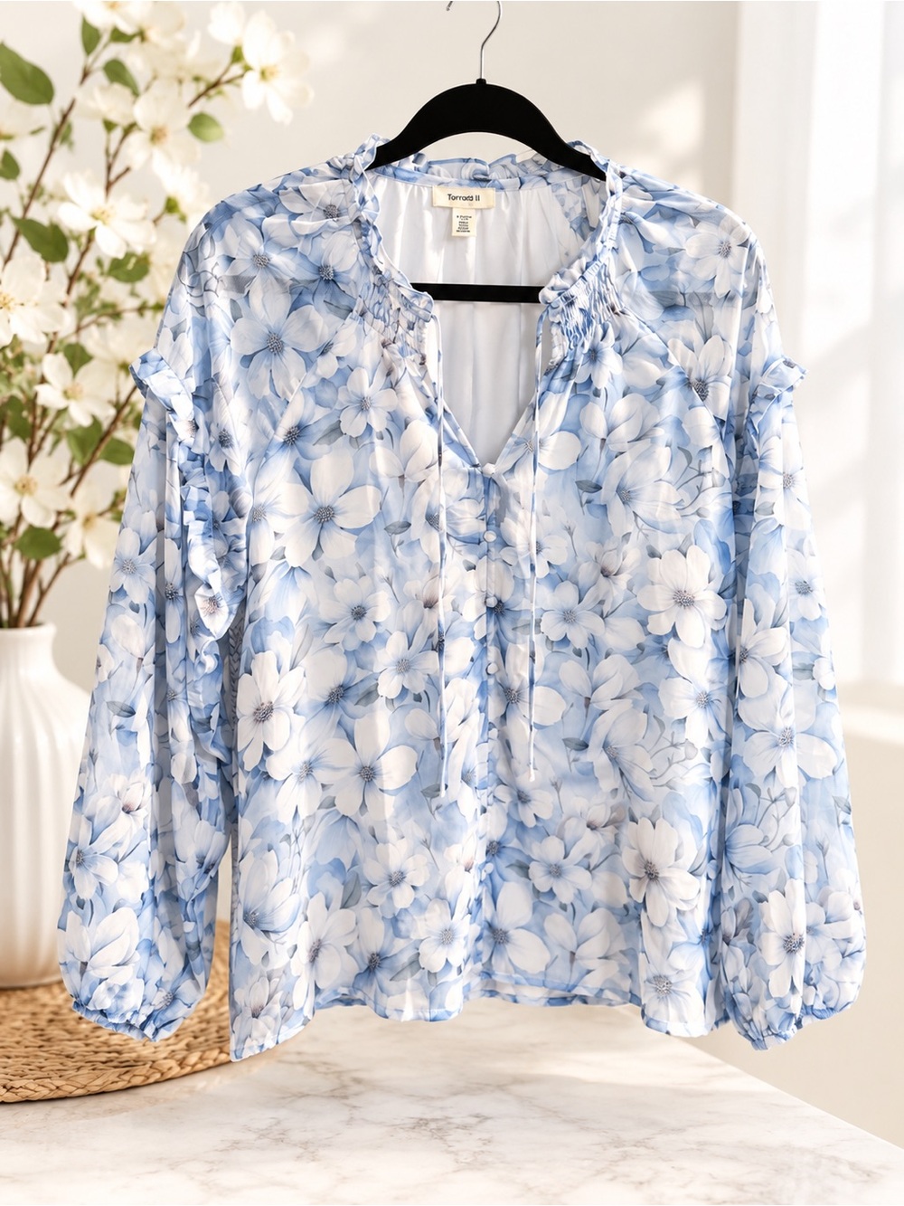 Light Blue Floral Tie-Neck Blouse by Torrid